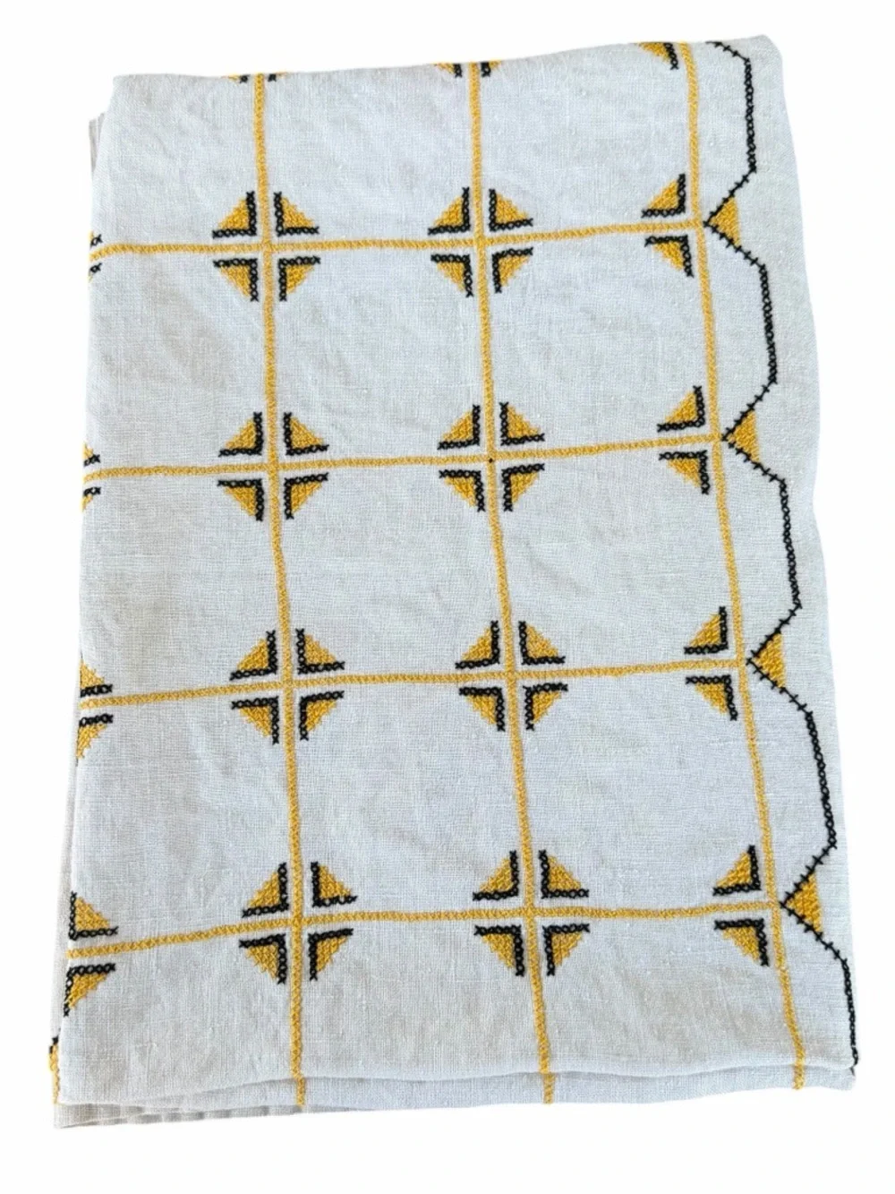 VTG Traditional Geometric Folk Cross Stitch Linen Tablecloth Black Yellow 47x64